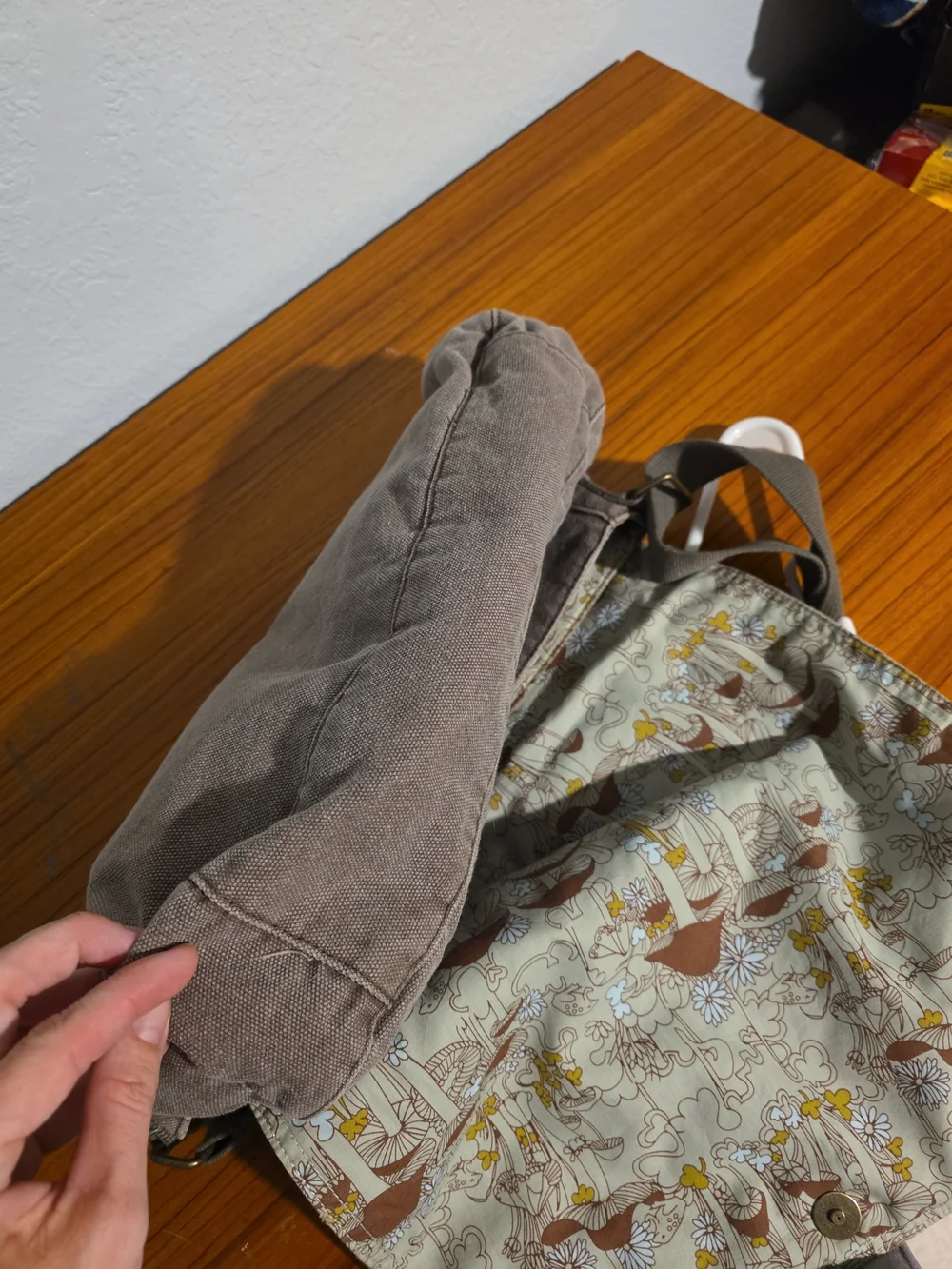 Old Navy Taupe Canvas Messenger Bag with Gold Studs Mushrooms